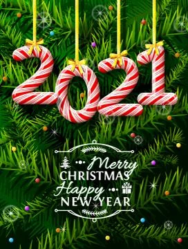 New Year 2021 in shape of candy stick against pine branches Stock Illustration