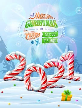 New Year 2021 in shape of candy stick in snow Stock Illustration