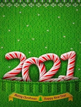 New Year 2021 in shape of candy stick in knitted pocket Stock Illustration