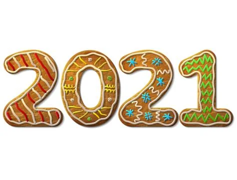 New Year 2021 in shape of gingerbread isolated on white Stock Illustration