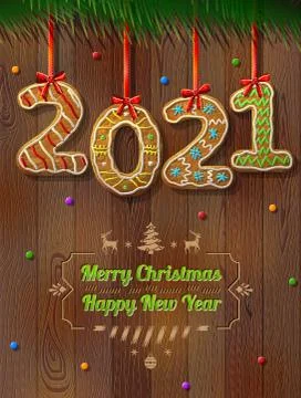 New Year 2021 in shape of gingerbread against wood background Stock Illustration