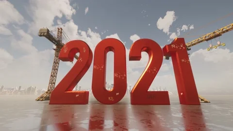 New Year 2021 sign, construction 3d Rendering  heavy duty equipment crain at  Stock Footage 146295366
