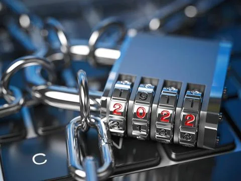 New Year 2022 code lock. on computer keyboard. 2022 year in cyber security... Stock Photos