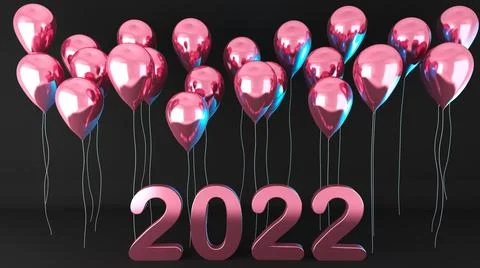 New year 2022 design background concept with pink shiny balloons, 3d illustra Stock Illustration