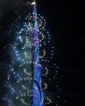 New Year 2022 Fireworks on Burj Khalifa, the world tallest building, Dubai, UAE Stock Photos
