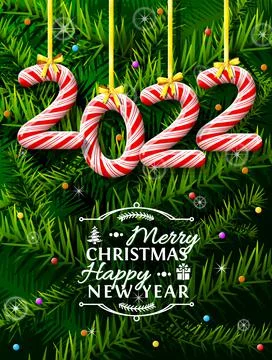 New Year 2022 in shape of candy stick against pine branches Stock Illustration