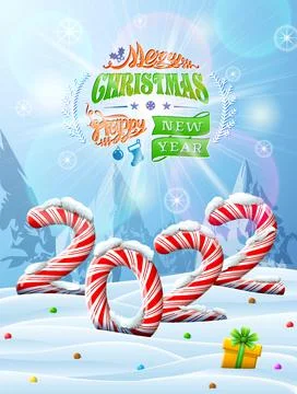New Year 2022 in shape of candy stick in snow Stock Illustration