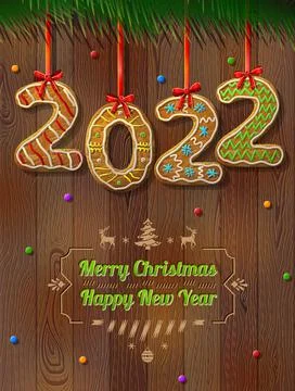New Year 2022 in shape of gingerbread against wood background Stock Illustration