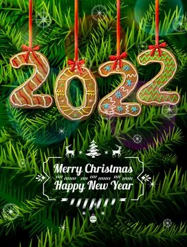 New Year 2022 in shape of gingerbread against pine branches Stock Illustration
