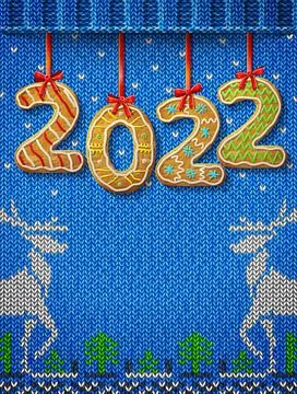 New Year 2022 in shape of gingerbread against knitted background Stock Illustration