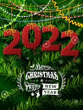 New Year 2022 in shape of knitted fabric against pine branches Stock Illustration