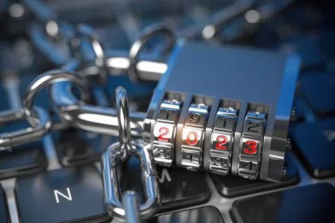 New Year 2023 code lock. on computer keyboard.. Cyber security and internet Stock Illustration