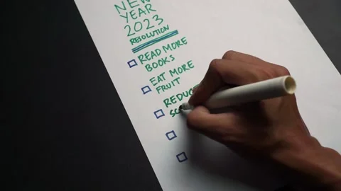 New Year 2023 resolution texts written by man hand on a plain white blank paper Stock Footage 226175102