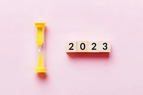 New Year 2023 sand timer. Resolution, time, plan, goal, motivation, reboot, c Stock-Fotos
