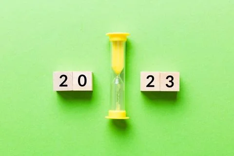 New Year 2023 sand timer. Resolution, time, plan, goal, motivation, reboot,.. Stock-Fotos