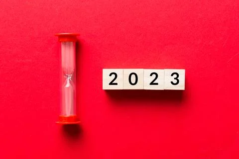 New Year 2023 sand timer. Resolution, time, plan, goal, motivation, reboot, c Stock-Fotos