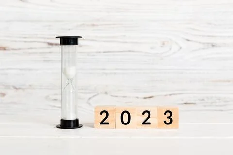 New Year 2023 sand timer. Resolution, time, plan, goal, motivation, reboot,.. Stock-Fotos