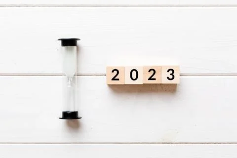 New Year 2023 sand timer. Resolution, time, plan, goal, motivation, reboot,.. Stock-Fotos