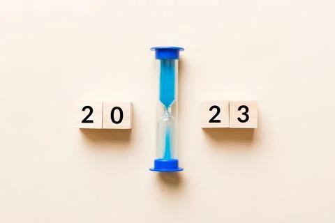 New Year 2023 sand timer. Resolution, time, plan, goal, motivation, reboot,.. Stock-Fotos