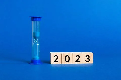 New Year 2023 sand timer. Resolution, time, plan, goal, motivation, reboot,.. Stock-Fotos