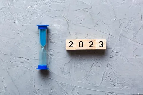 New Year 2023 sand timer. Resolution, time, plan, goal, motivation, reboot, c Stock-Fotos
