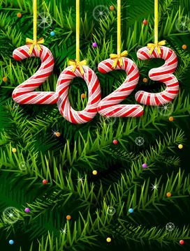 New Year 2023 in shape of candy stick against pine branches Stock Illustration