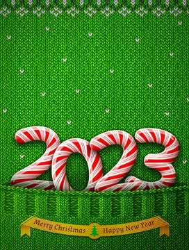 New Year 2023 in shape of candy stick in knitted pocket Stock Illustration