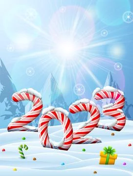 New Year 2023 in shape of candy stick in snow Illustrazione stock