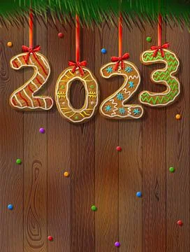 New Year 2023 in shape of gingerbread against wood background Stock Illustration