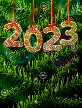 New Year 2023 in shape of gingerbread against pine branches Illustrazione stock