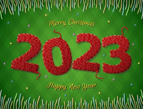 New Year 2023 in shape of knitted fabric on checkered background Stock Illustration