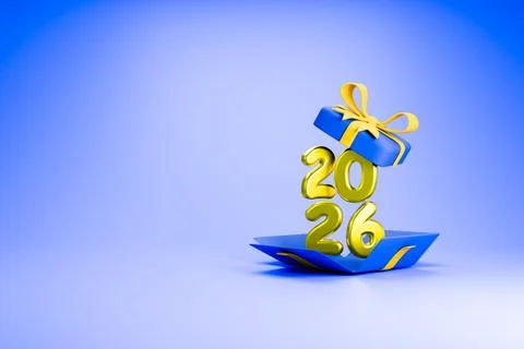 New Year 2024 concept with 3D numbers and blue gift box on blue background Stock Illustration