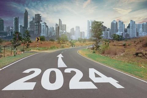 New year 2024 concept. Text 2024 written on the road in the middle of road .. Stock Illustration