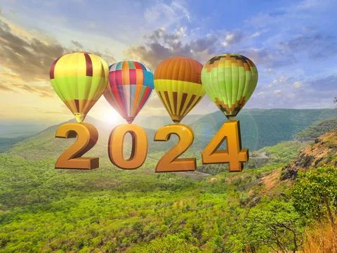 New year 2024 concept. Text 2024 hanging on the hot air balloon at sunset. .. Stock Illustration