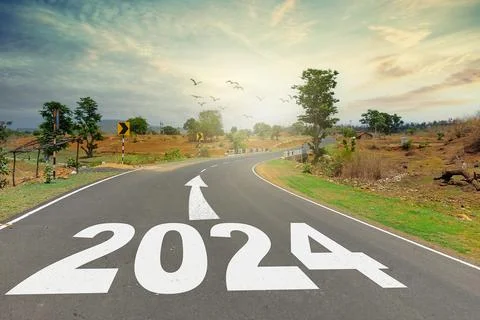 New year 2024 concept. Text 2024 written on the road in the middle of road .. Stock Illustration