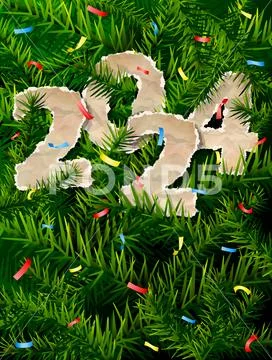 New Year 2024 Of Crumpled Paper Between Pine Twigs Graphic 255889321   New Year 2024 Crumpled Paper Illustration 255889321 Iconl 