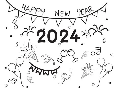 New year 2024 party elements doodle in black isolated over white background. Stock Illustration
