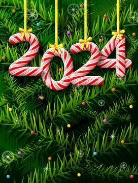 New Year 2024 in shape of candy stick against pine branches Illustrazione stock
