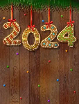 New Year 2024 in shape of gingerbread against wood background Stock Illustration