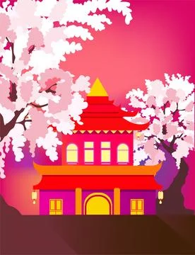 New year 2024 Vector image an oriental house, with red curved roof, Chinese p Stock Illustration