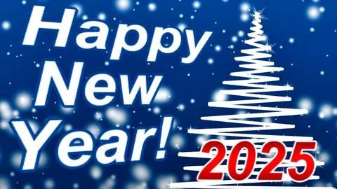 New Year 2025, blue background, vector, white Christmas tree Stock Illustration
