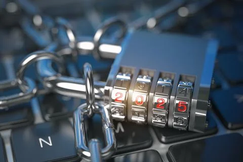 New Year 2025 code lock. on computer keyboard.. Cyber security and internet.. Stock Illustration
