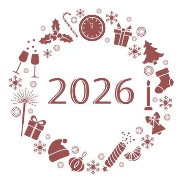 New Year 2026 circle composition with holiday icons and text on white backg.. Stock Illustration