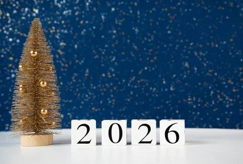 New Year 2026 Composition with Clock and Golden Tree Stock Photos