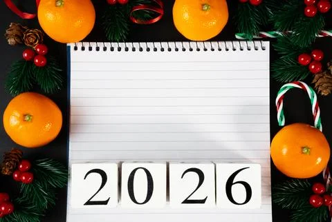 New Year 2026 Concept with Notepad and Tangerines Stock Photos