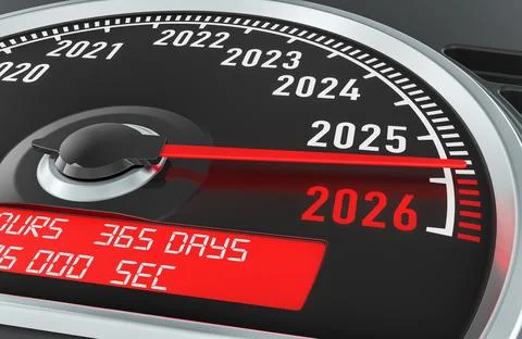 New Year 2026 concept with a speedometer-style gauge. 3D rendering Stock Illustration