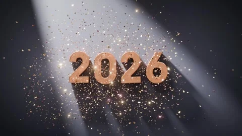 New Year 2026 Falling Metallic Numbers with Confetti on Dark Cinematic Back.. Stock Footage 324786878