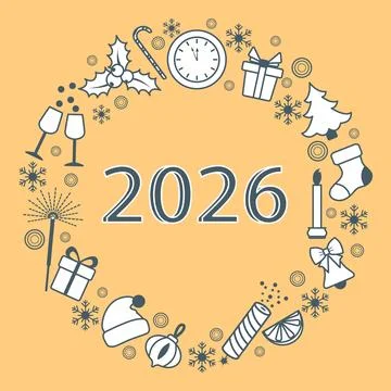 New year 2026 festive border with holiday icons and yellow background Stock Illustration