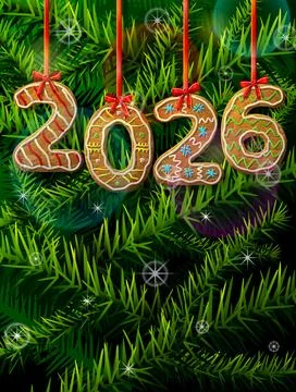 New Year 2026 in shape of gingerbread against pine branches Stock Illustration