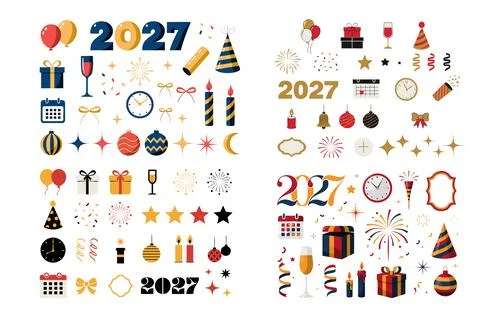 New Year 2027 Celebration Elements Collection with Decorative Numbers, Part.. 스톡 일러스트